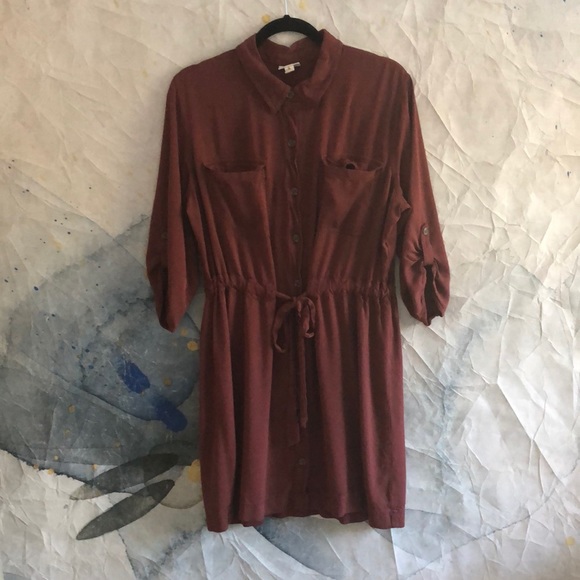 a.n.a Dresses & Skirts - a.n.a. Collar and Tie Waist Button Down Burgundy Dress